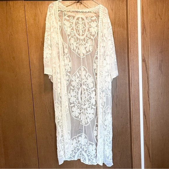Altar'd State Ivory Mesh Embroidered Duster Lightweight Kimono Festival Boho - Picture 2 of 13
